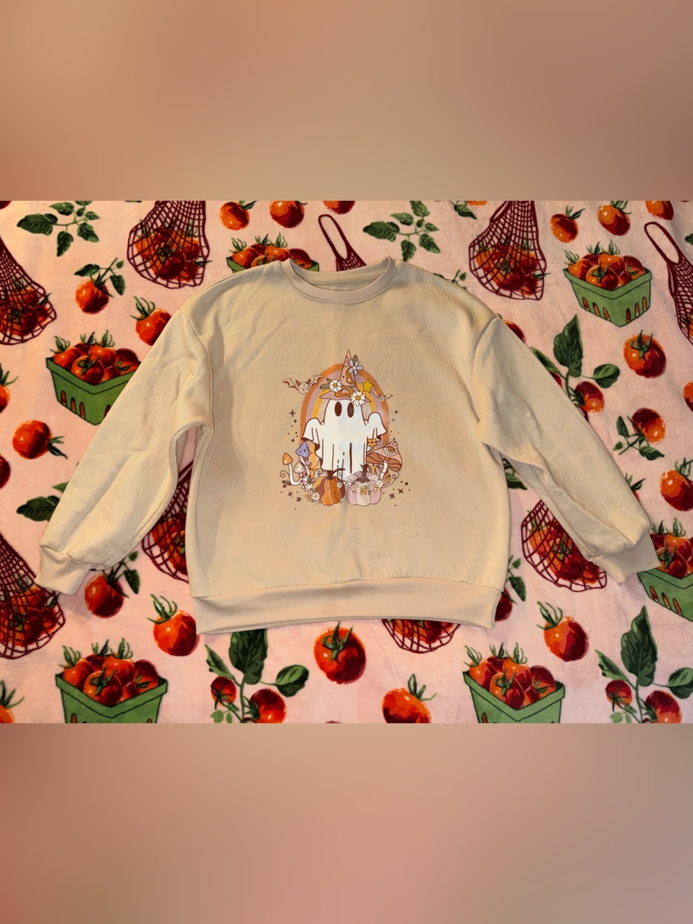 Ghost Mushroom Spooky Halloween Crewneck Women Small Fall Tan Sweatshirt